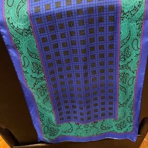 Silk scarf black plaid, navy, Kelly green, used in great shape